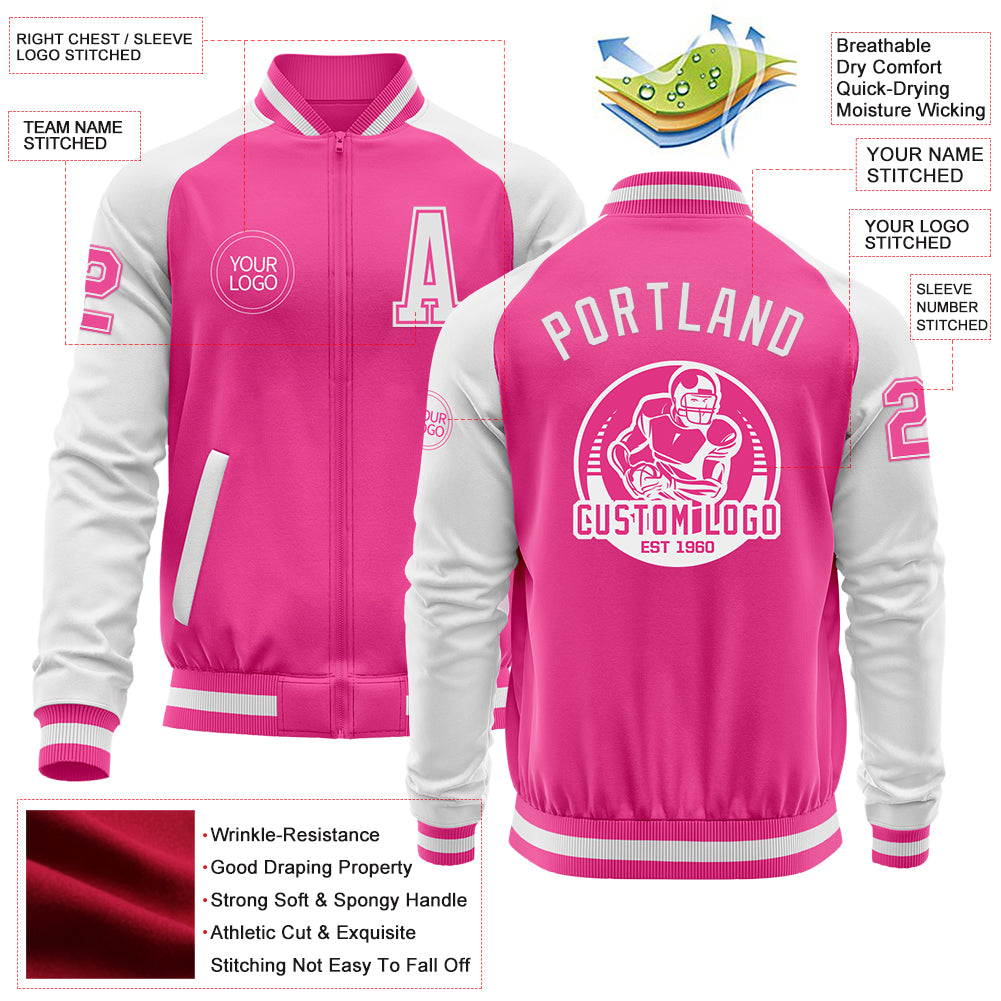 Custom Pink White Split Varsity Full-Zip Two Tone Letterman Bomber Jacket main image 1