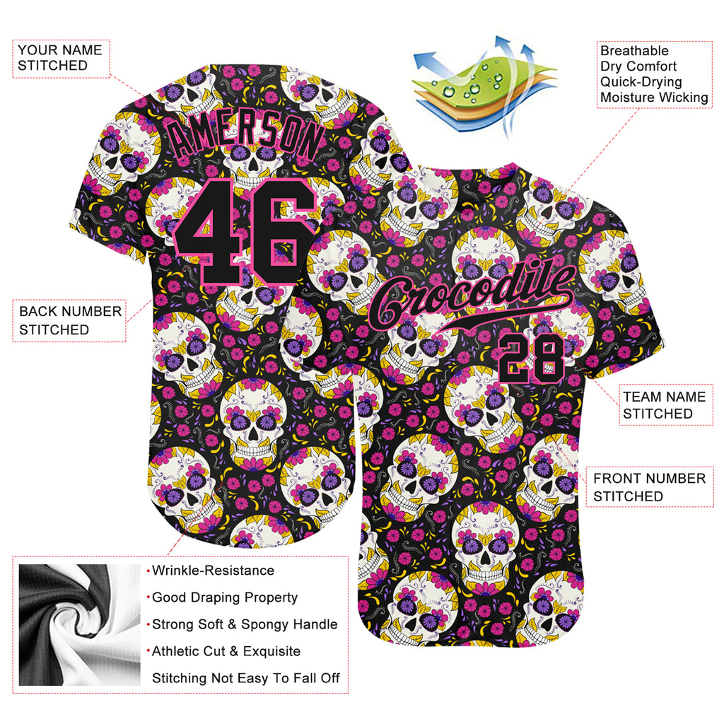 Custom 3D pattern Halloween skulls with floral design on authentic baseball jersey with free shipping0