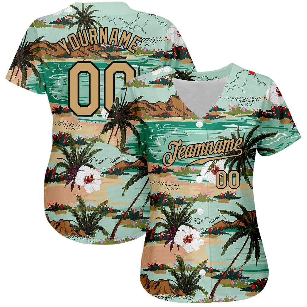 Custom Aqua Old Gold-Black Baseball Jersey with 3D Pattern Design featuring Hawaii Palm Trees and Flowers, Authentic Sports Apparel with Free Shipping1