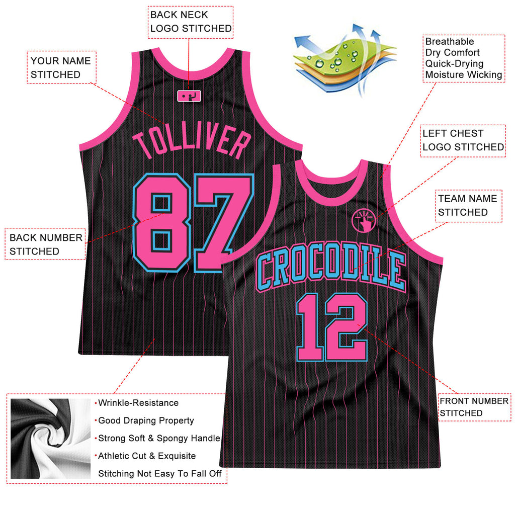 Custom Black Pink Pinstripe Pink-Sky Blue Authentic Basketball Jersey