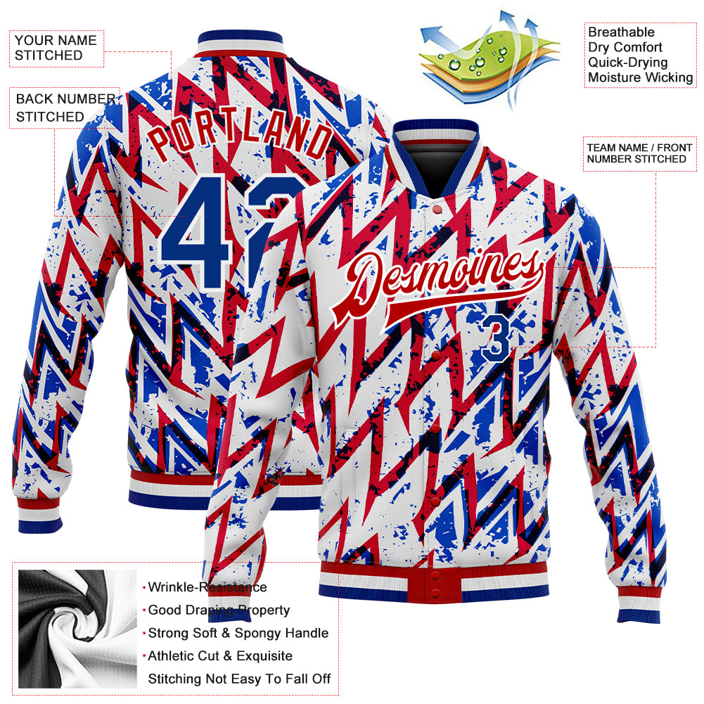 Custom Red Royal-White Varsity Full-Zip Letterman Bomber Jacket