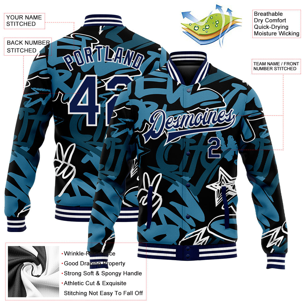 Custom Aqua Navy-White Maple Leaf Raglan Sleeves Bomber Graffiti Pattern Varsity Jacket