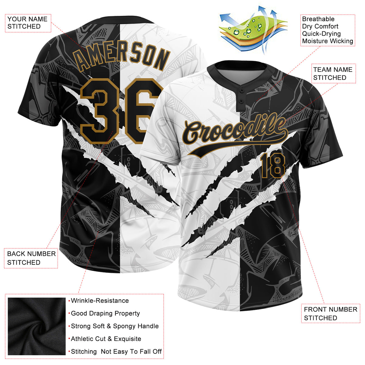 Custom Graffiti Pattern BlackOld Gold TwoButton Softball Jersey Free