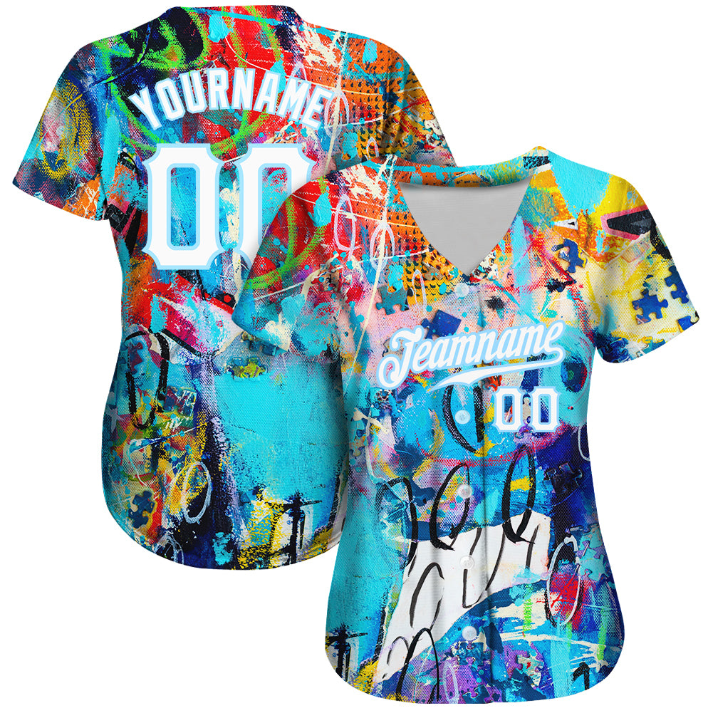 Custom abstract oil graffiti design on white and light blue authentic baseball jersey with free shipping3