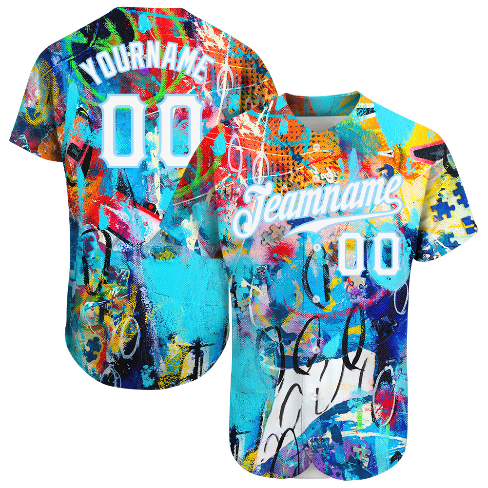Custom abstract oil graffiti design on white and light blue authentic baseball jersey with free shipping4
