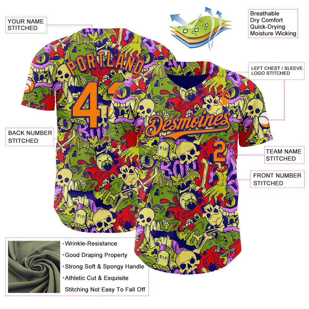 Custom Dark Purple Bay Orange 3D Halloween Skull Doodle Party Costume Ideas Authentic Baseball Jersey