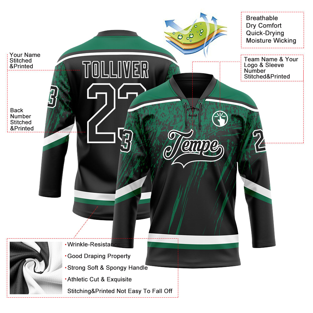 Custom Black Kelly Green-White 3D Splash Hockey Lace Neck Jersey
