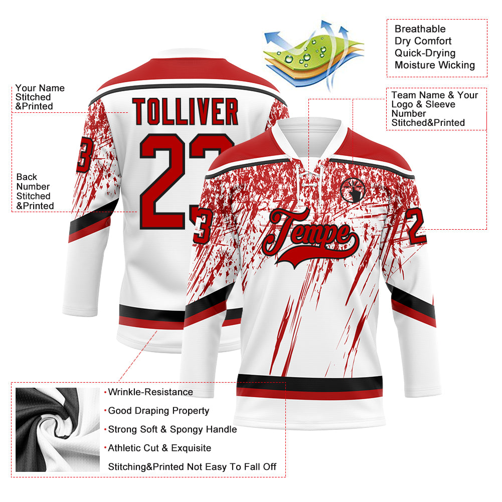 Custom White Red-Black 3D Splash Hockey Lace Neck Jersey