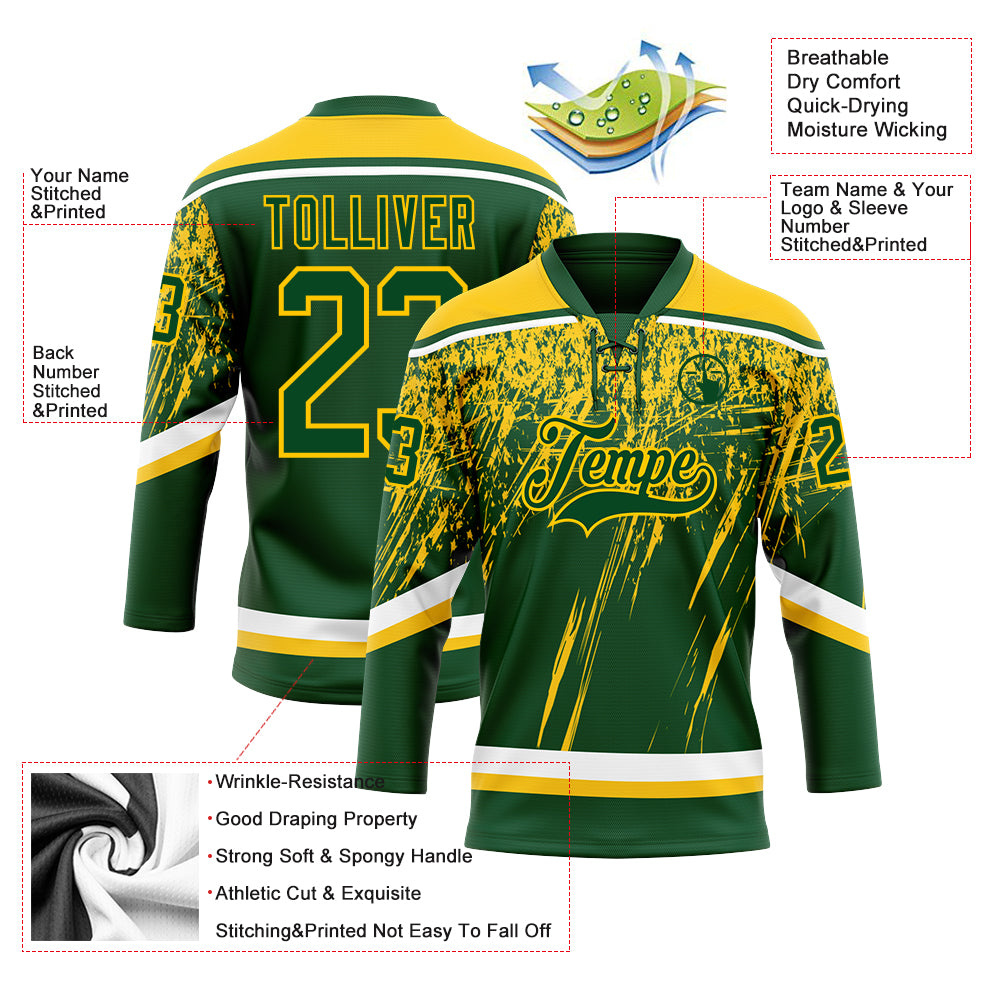 Custom Green Yellow-White 3D Splash Hockey Lace Neck Jersey