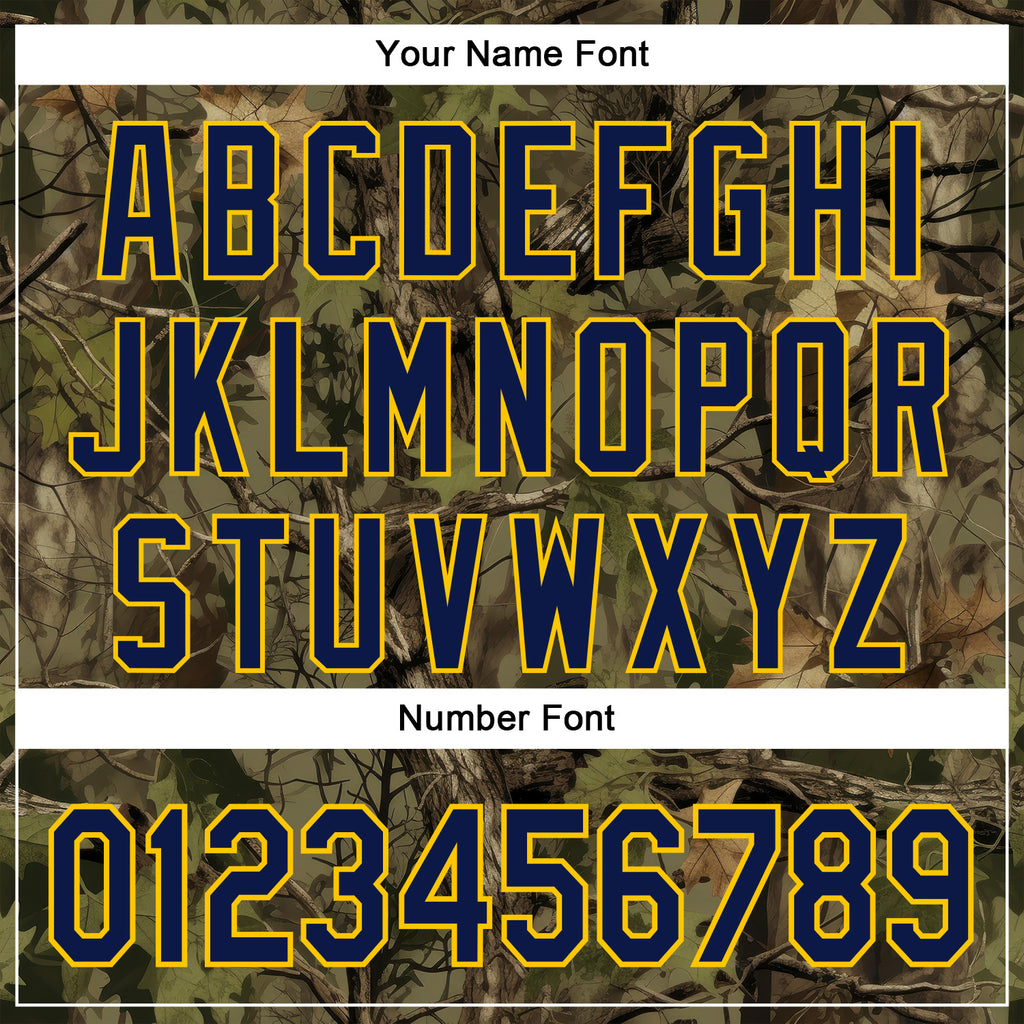 Custom Stitched Old Gold Navy-Yellow 3D Pattern Design Tree Camo Hunting Sports Pullover Sweatshirt Hoodie