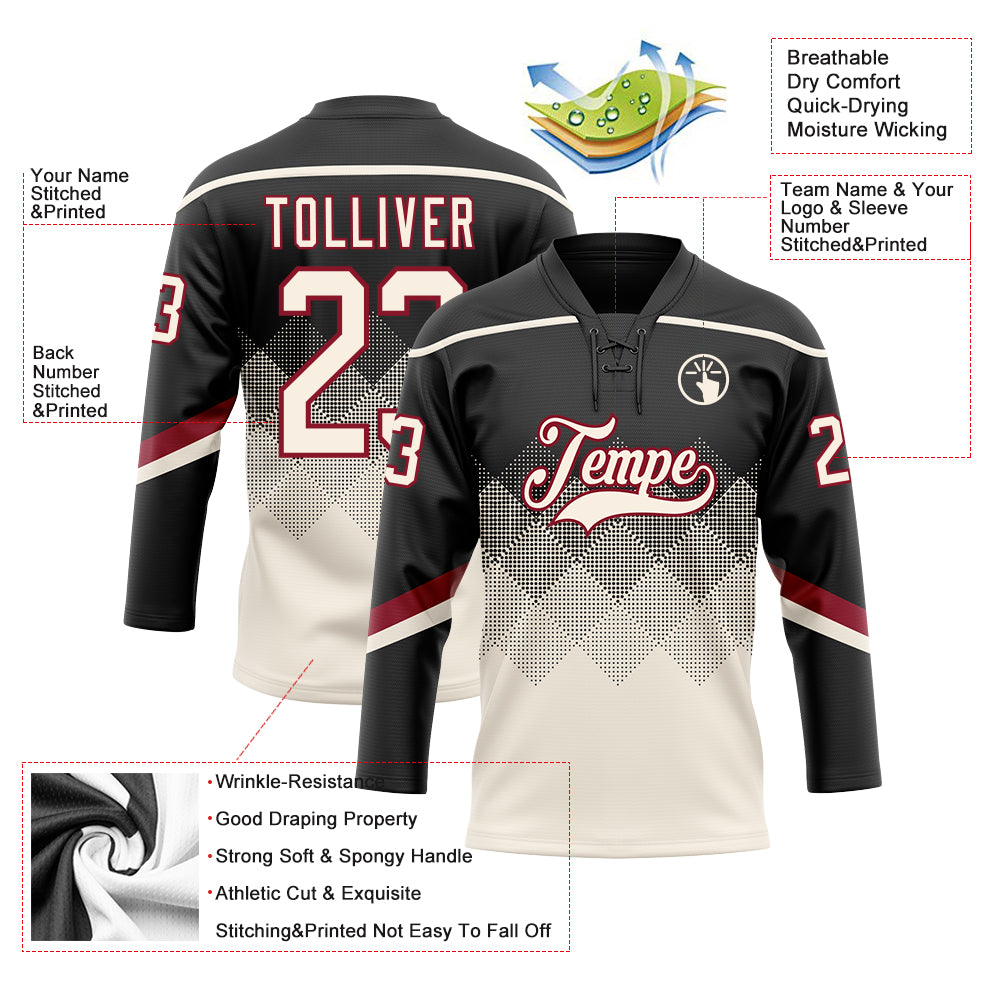 Custom Black Cream-Crimson 3D Pattern Gradient Square Shapes Hockey Lace Neck Jersey