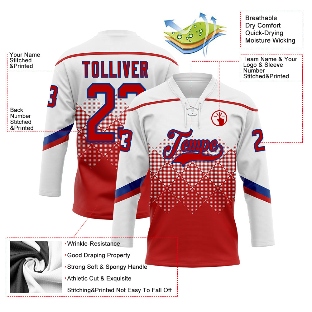 Custom White Red-Royal 3D Pattern Gradient Square Shapes Hockey Lace Neck Jersey