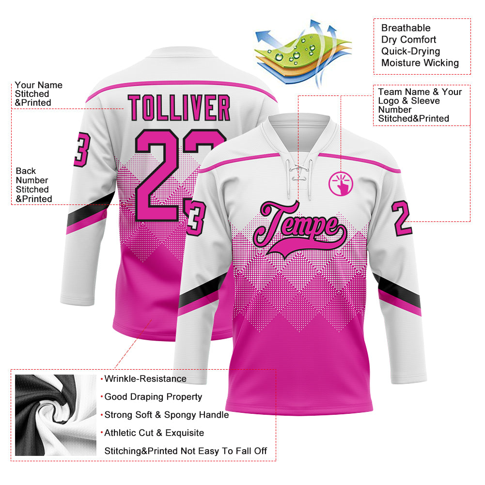 Custom White Deep Pink-Black 3D Pattern Gradient Square Shapes Hockey Lace Neck Jersey