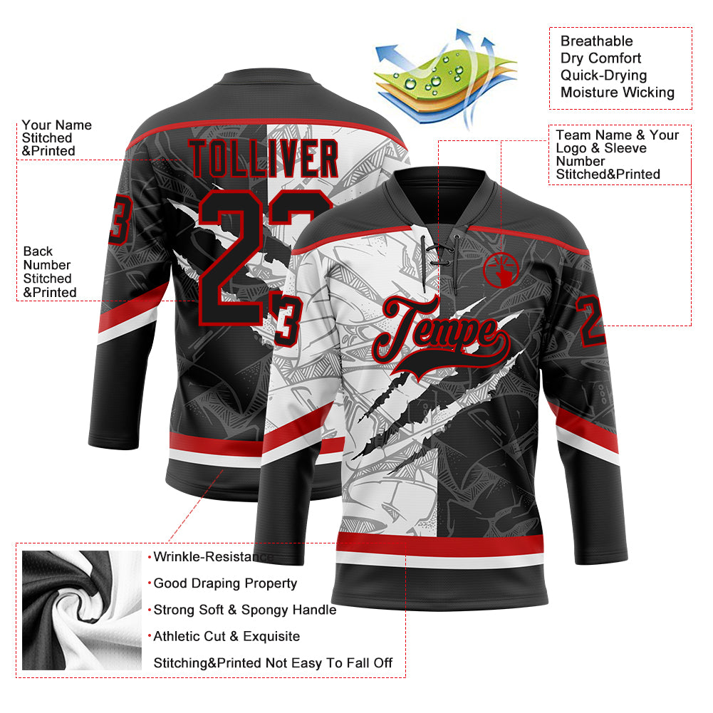 Custom Black White-Red 3D Pattern Gradient Fashion Scratch Hockey Lace Neck Jersey