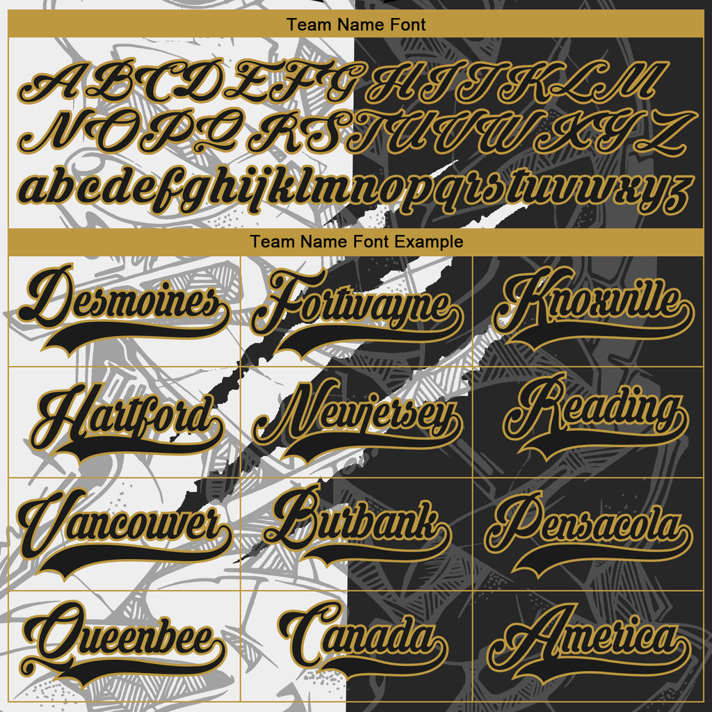 Custom Black White-Old Gold 3D Pattern Gradient Fashion Scratch Hockey Lace Neck Jersey