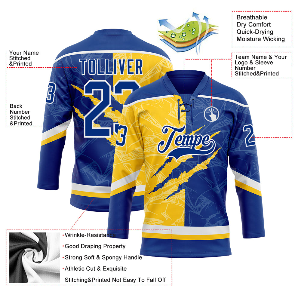 Custom Royal Yellow-White 3D Pattern Gradient Fashion Scratch Hockey Lace Neck Jersey