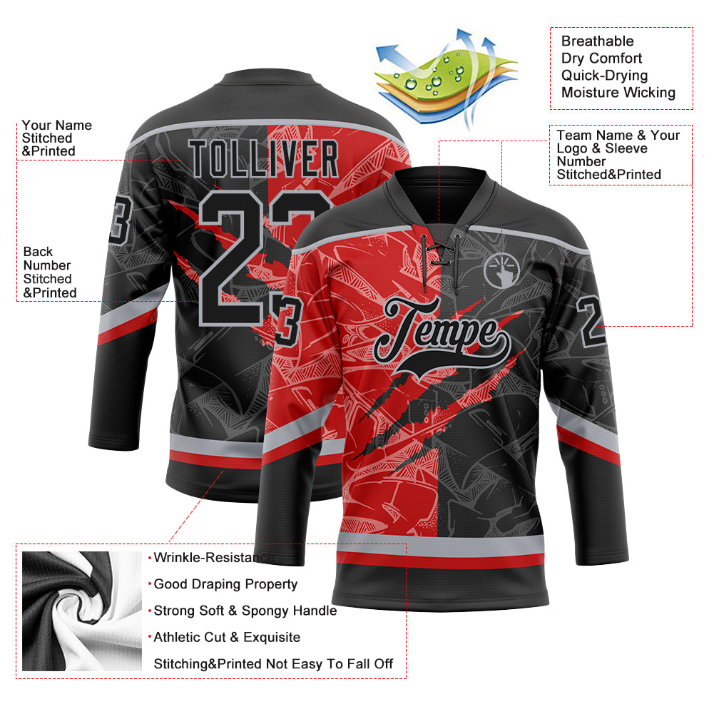 Custom Black Red-Gray 3D Pattern Gradient Fashion Scratch Hockey Lace Neck Jersey