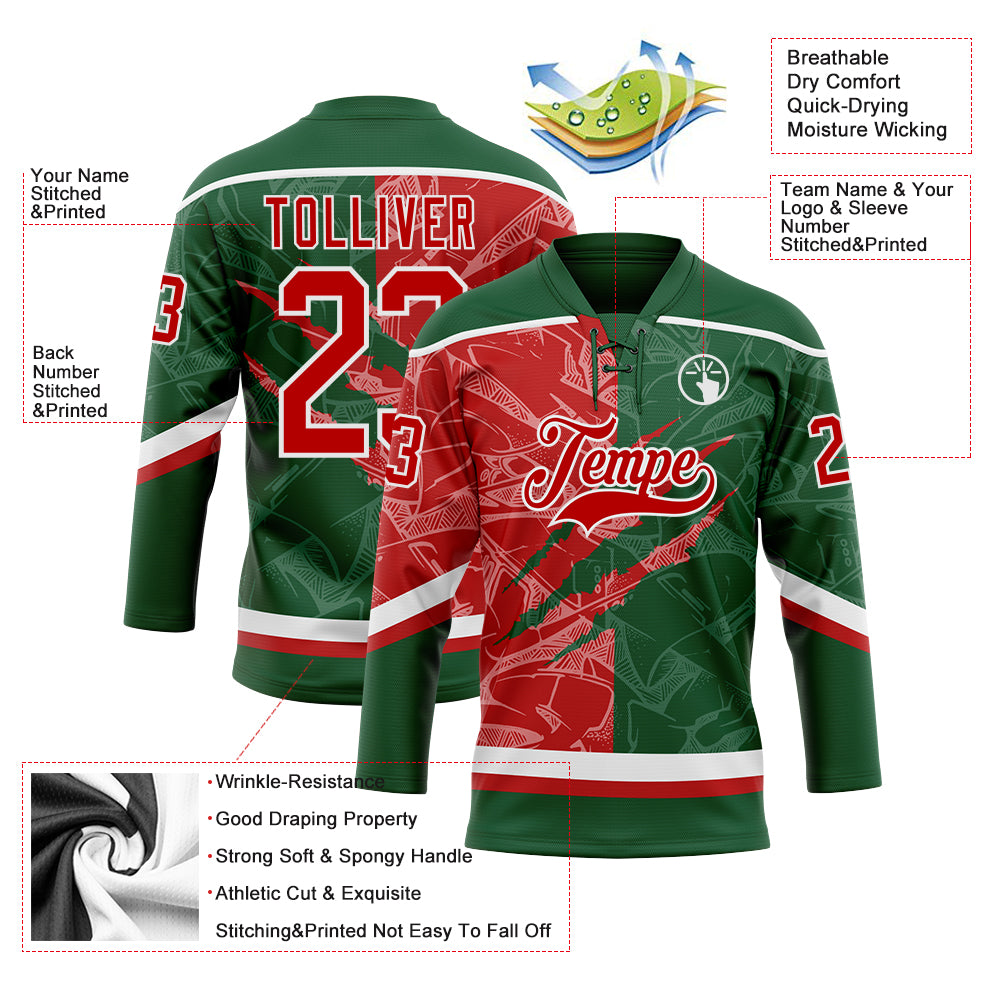 Custom Green Red-White 3D Pattern Gradient Fashion Scratch Hockey Lace Neck Jersey