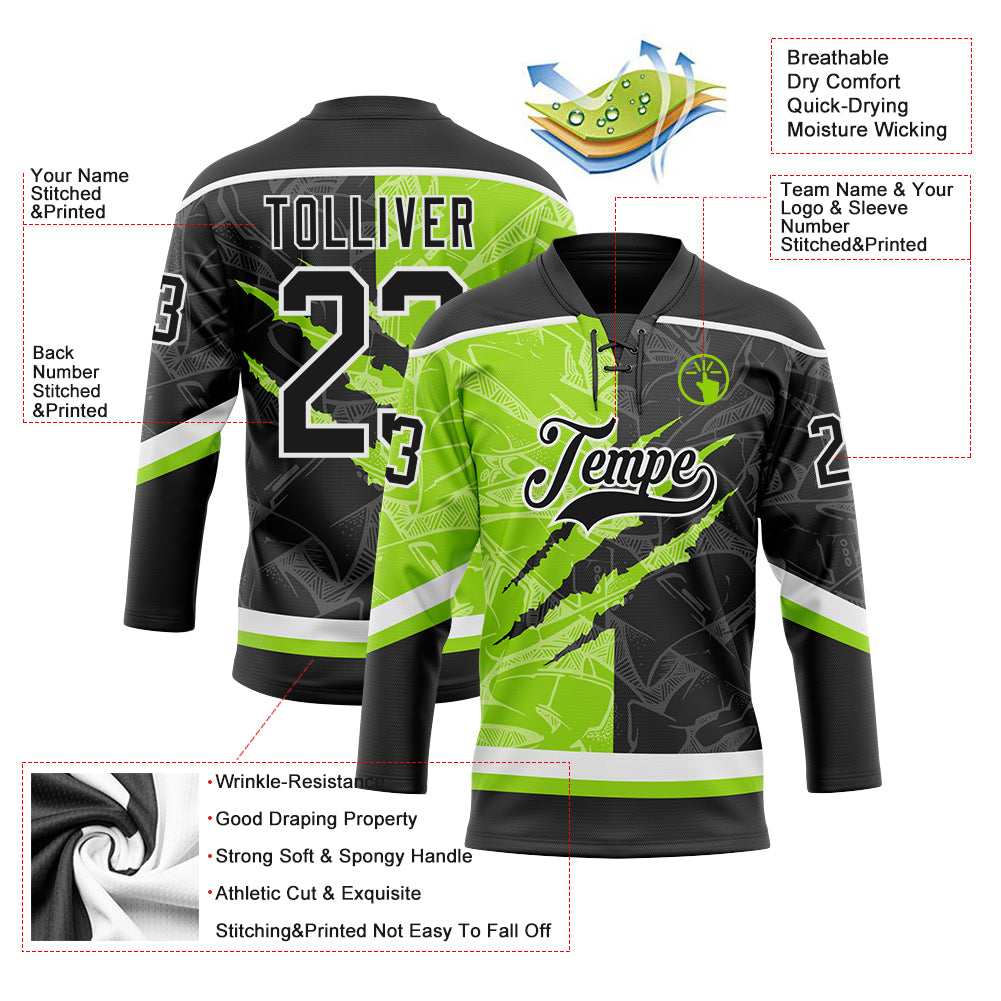 Custom Black Neon Green-White 3D Pattern Gradient Fashion Scratch Hockey Lace Neck Jersey