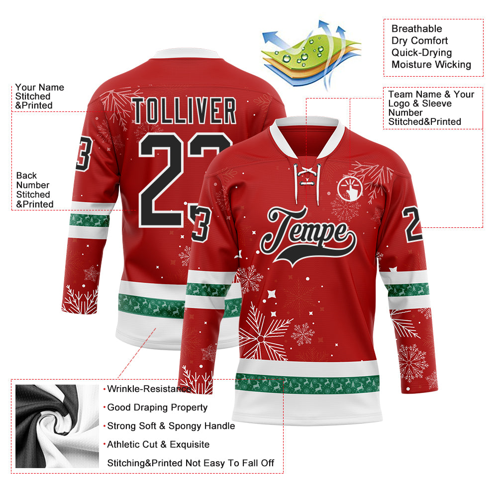 Custom Red Black-White 3D Christmas Hockey Lace Neck Jersey