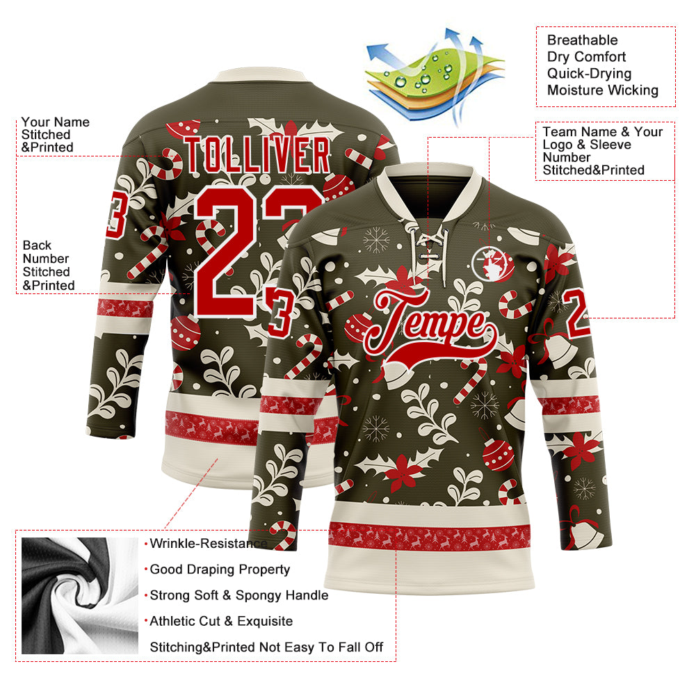 Custom Olive Red-White 3D Christmas Hockey Lace Neck Jersey