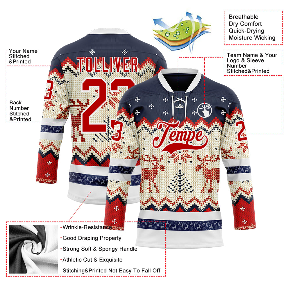 Custom Navy Red-White 3D Christmas Ugly Sweater Hockey Lace Neck Jersey