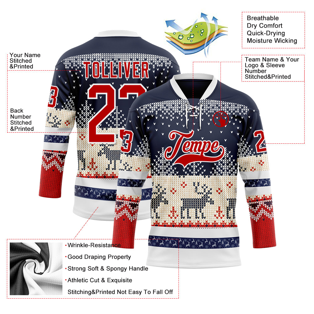 Custom Navy Red-White 3D Christmas Ugly Sweater Hockey Lace Neck Jersey