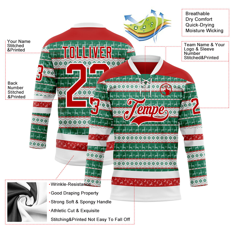 Custom Kelly Green Red-White 3D Christmas Ugly Sweater Hockey Lace Neck Jersey