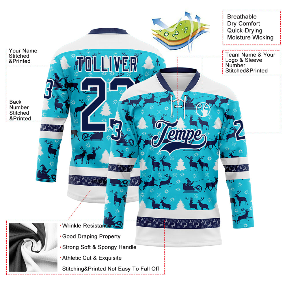 Custom Lakes Blue Navy-White 3D Christmas Hockey Lace Neck Jersey