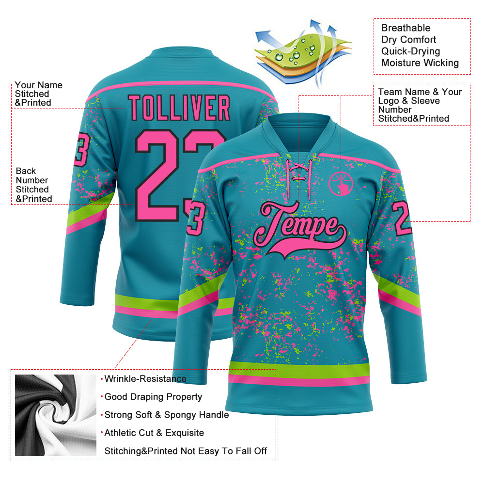 Custom Teal Pink Neon Green-Black 3D Pattern Fragment Art Hockey Lace Neck Jersey