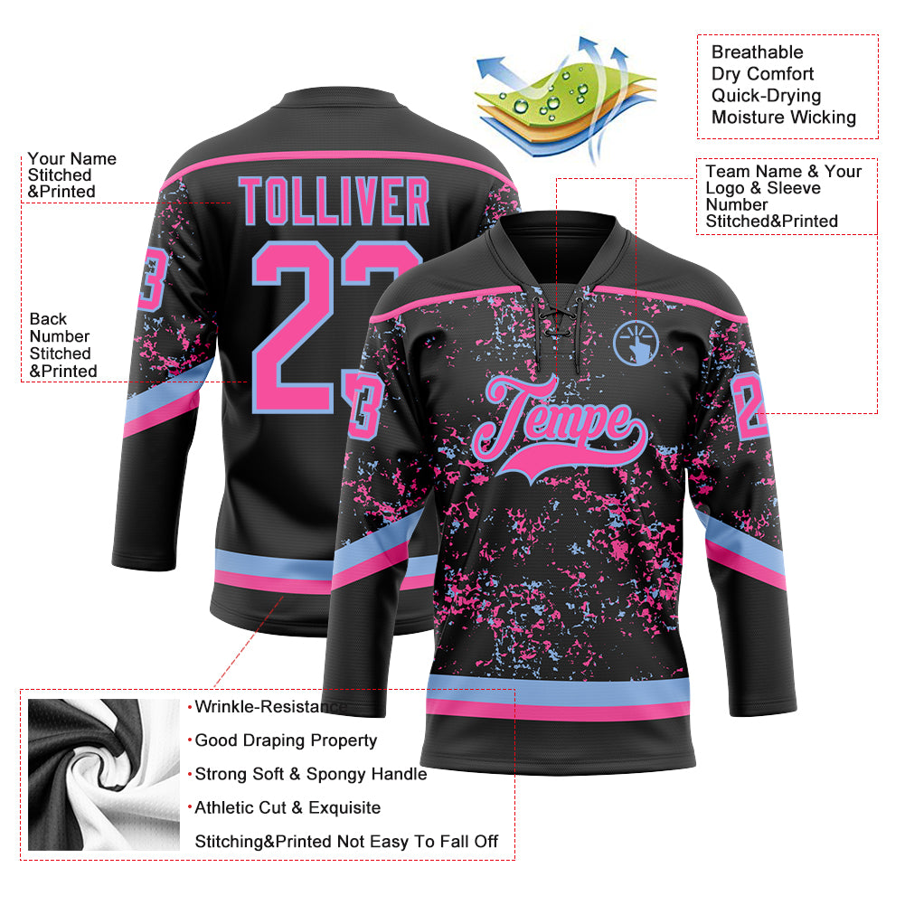 Custom Black Pink-Light Blue 3D Pattern Fragment Art Hockey Lace Neck Jersey