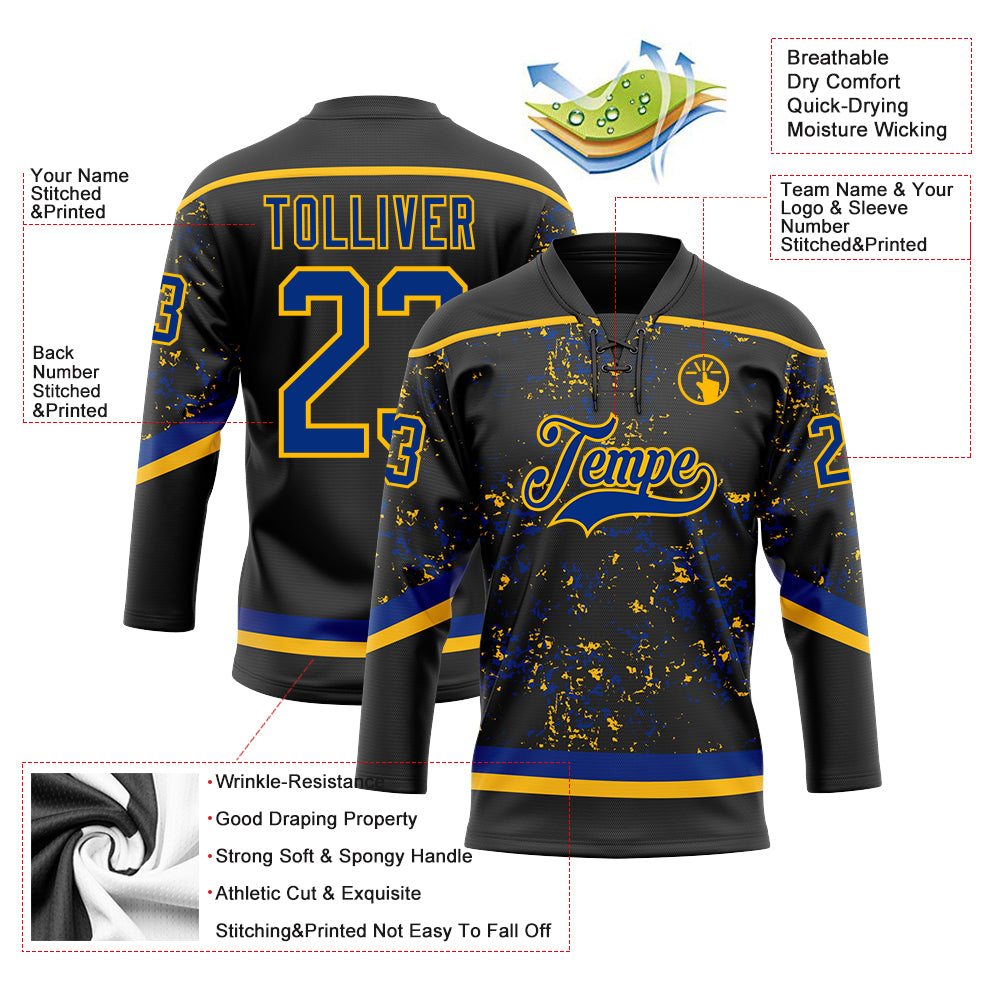 Custom Black Royal-Gold 3D Pattern Fragment Art Hockey Lace Neck Jersey