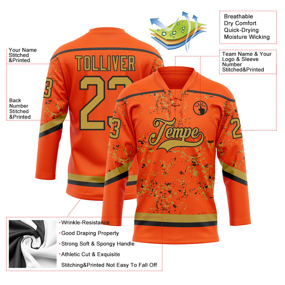 Custom Orange Old Gold-Black 3D Pattern Fragment Art Hockey Lace Neck Jersey