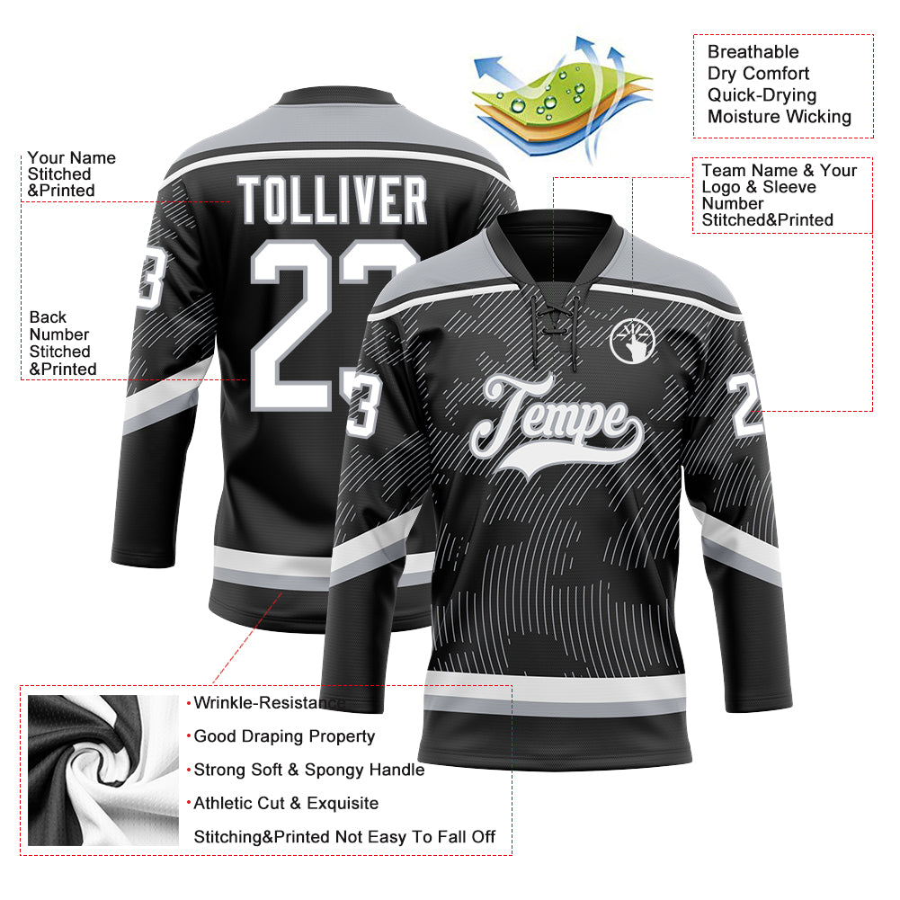 Custom Black White-Gray 3D Pattern Curve Lines Hockey Lace Neck Jersey