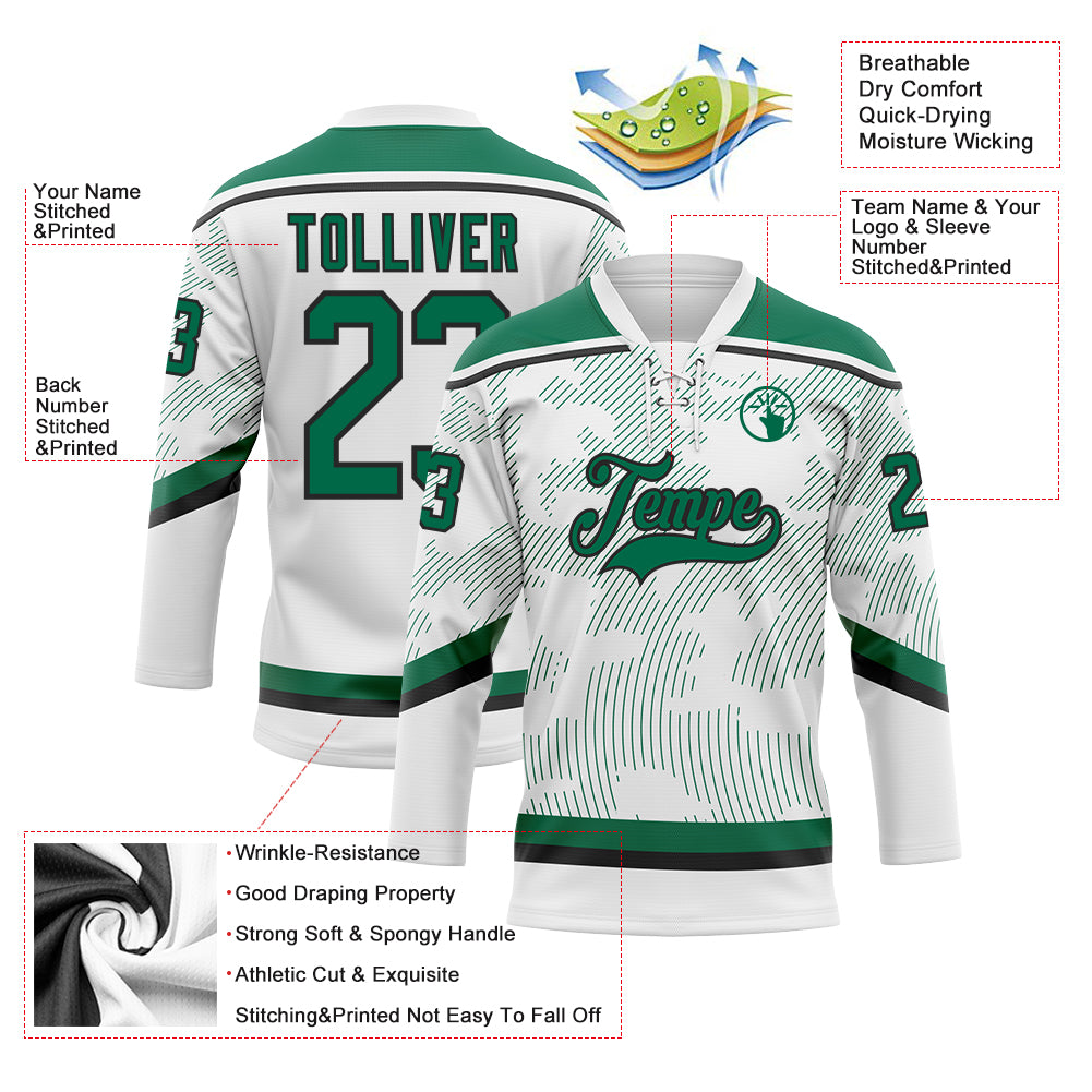 Custom White Kelly Green-Black 3D Pattern Curve Lines Hockey Lace Neck Jersey