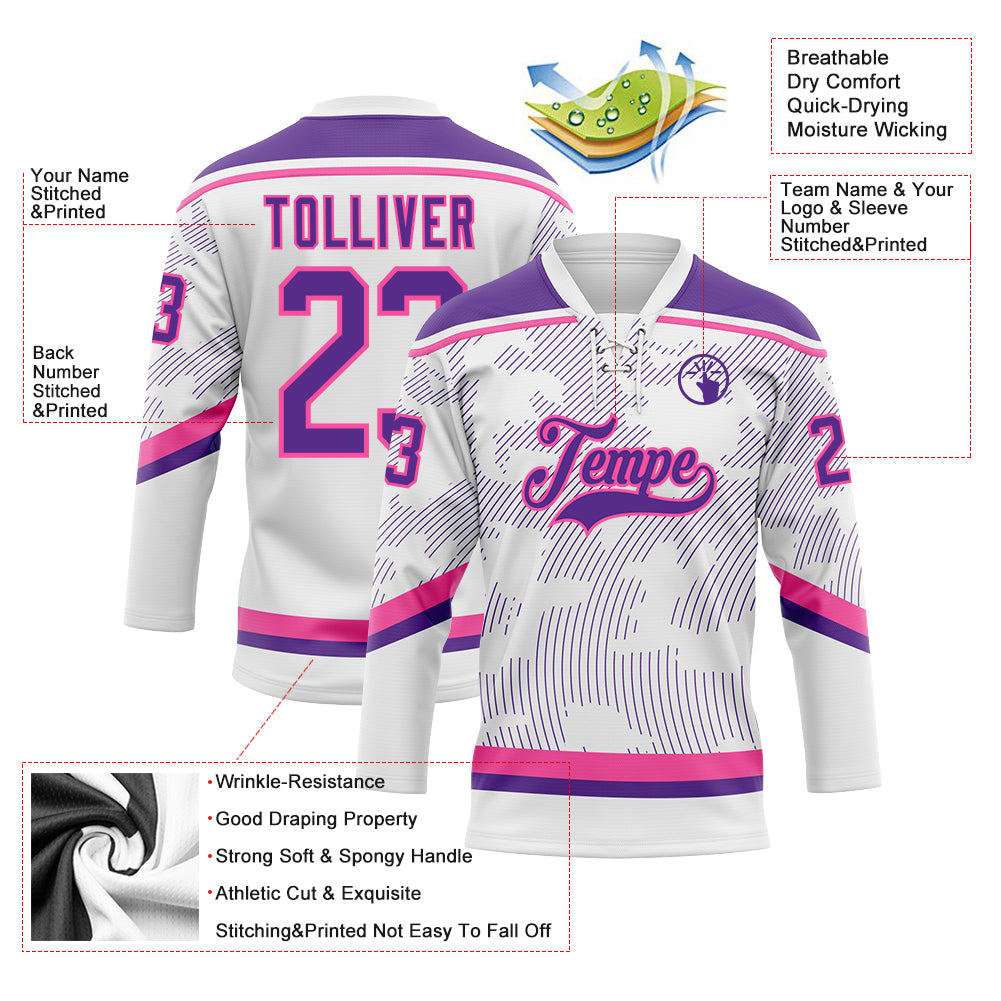 Custom White Purple-Pink 3D Pattern Curve Lines Hockey Lace Neck Jersey
