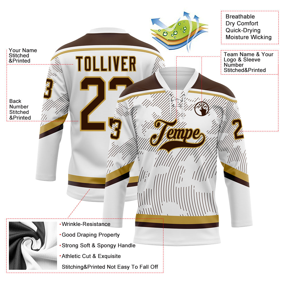 Custom White Brown-Old Gold 3D Pattern Curve Lines Hockey Lace Neck Jersey