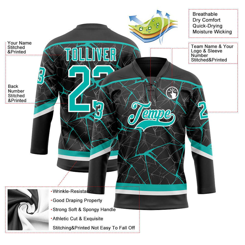 Custom Black Aqua-White 3D Pattern Abstract Network Hockey Lace Neck Jersey
