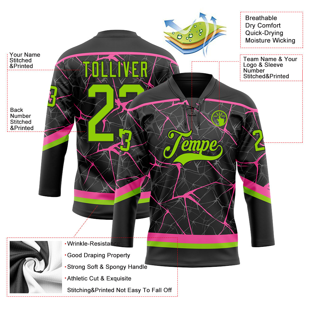 Custom Black Neon Green-Pink 3D Pattern Abstract Network Hockey Lace Neck Jersey