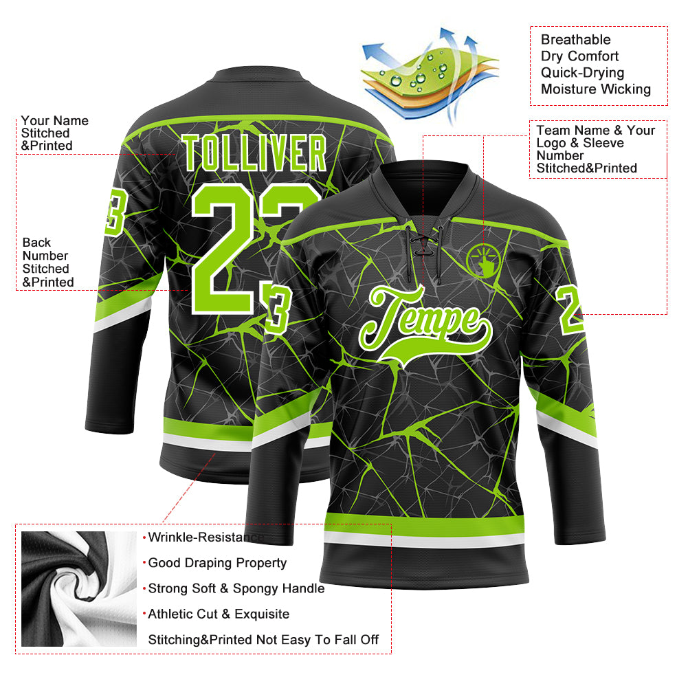 Custom Black Neon Green-White 3D Pattern Abstract Network Hockey Lace Neck Jersey