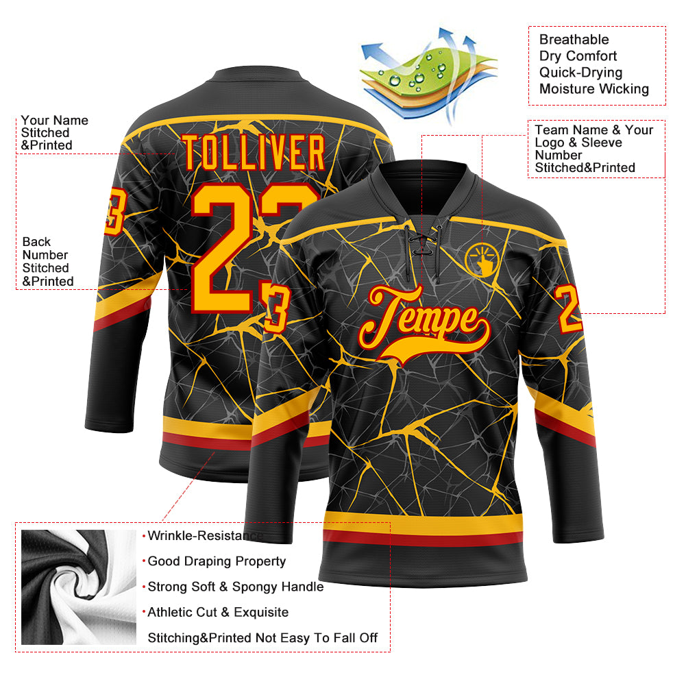 Custom Black Gold-Red 3D Pattern Abstract Network Hockey Lace Neck Jersey