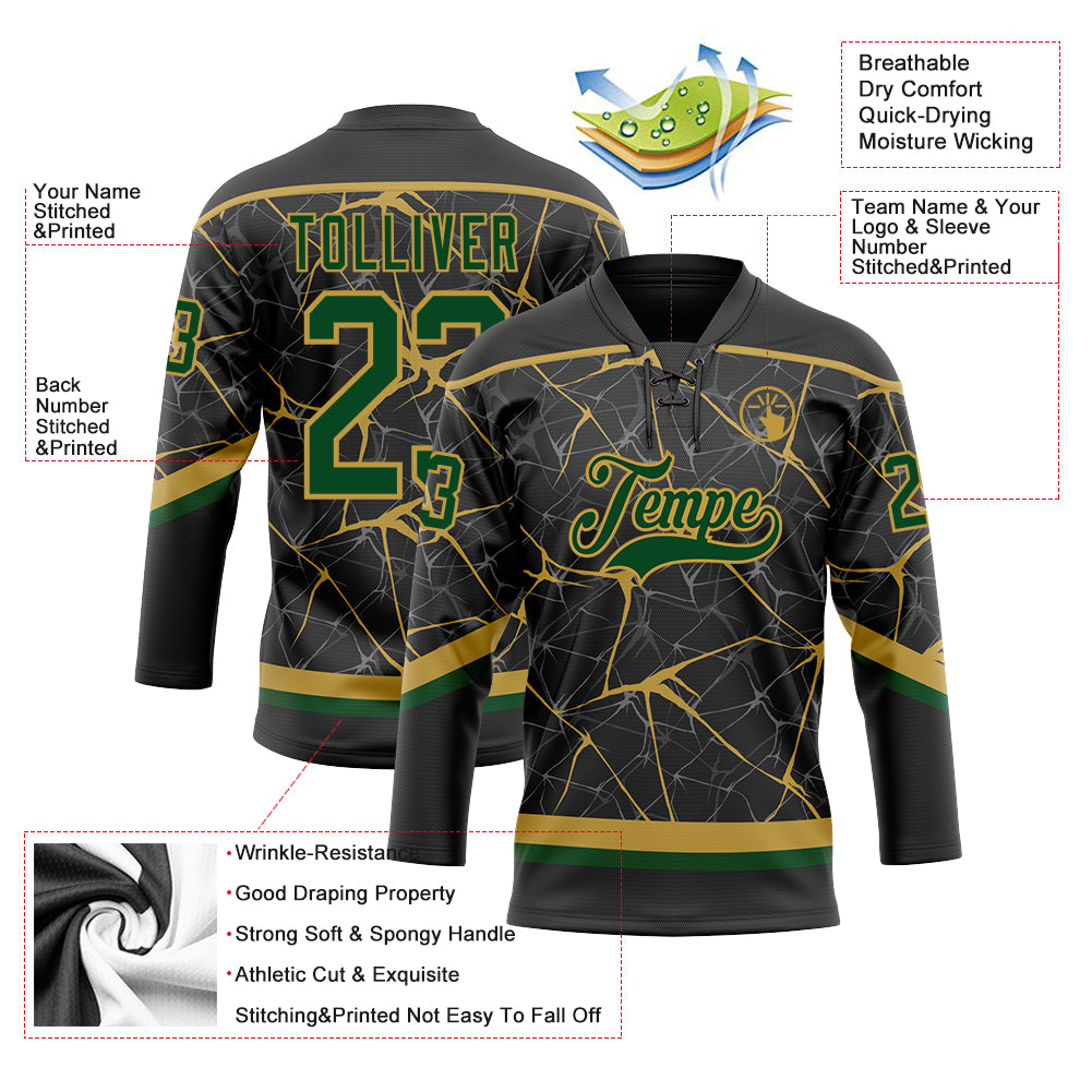 Custom Black Green-Old Gold 3D Pattern Abstract Network Hockey Lace Neck Jersey