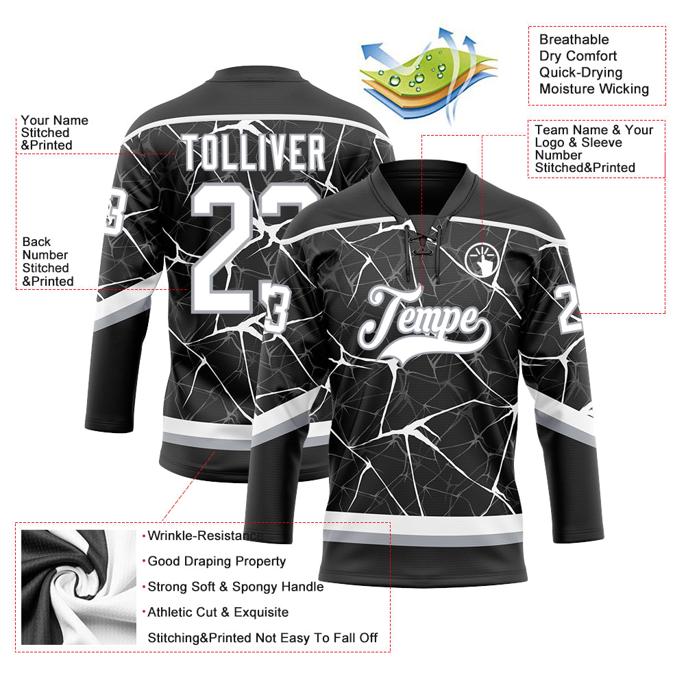 Custom Black White-Gray 3D Pattern Abstract Network Hockey Lace Neck Jersey