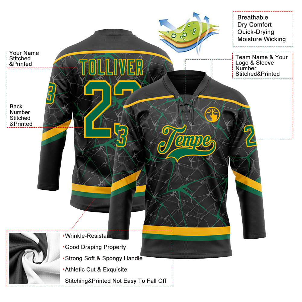 Custom Black Kelly Green-Gold 3D Pattern Abstract Network Hockey Lace Neck Jersey