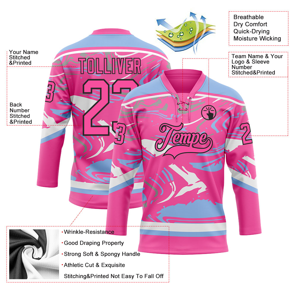 Custom Figure Pink Light Blue Black-White 3D Pattern Fluid Art Hockey Lace Neck Jersey
