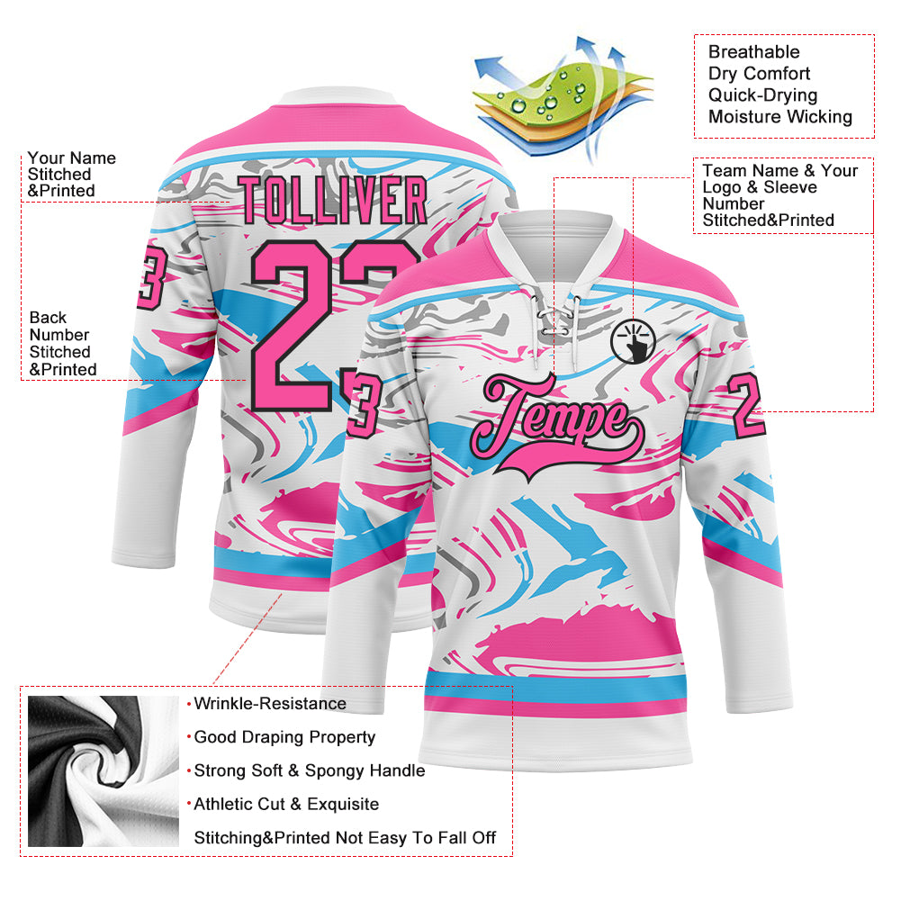 Custom Figure Pink White Sky Blue-Black 3D Pattern Fluid Art Hockey Lace Neck Jersey