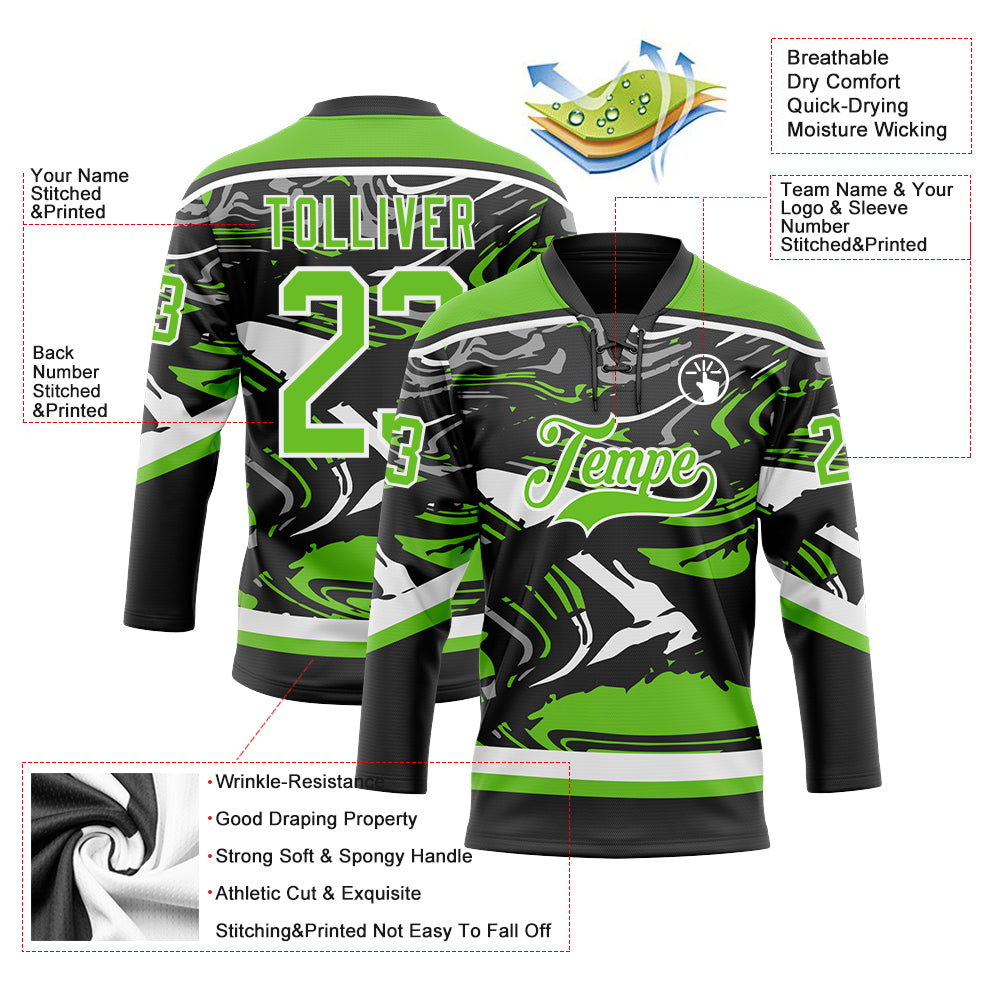 Custom Figure Aurora Green Black-White 3D Pattern Fluid Art Hockey Lace Neck Jersey
