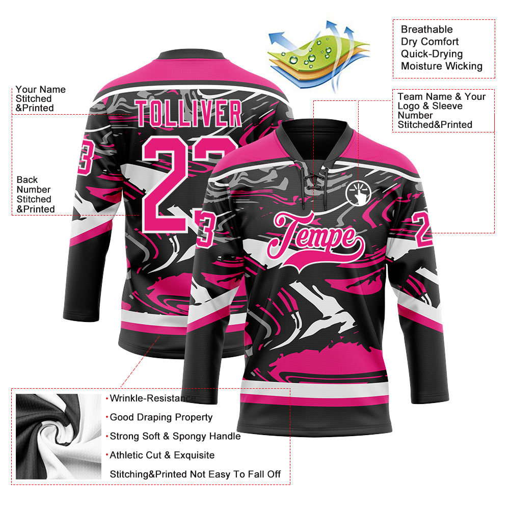 Custom Figure Hot Pink Black-White 3D Pattern Fluid Art Hockey Lace Neck Jersey