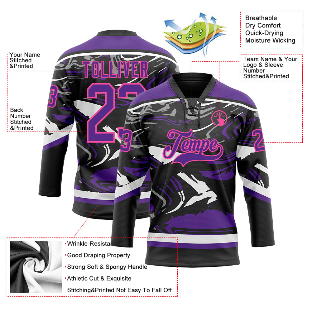 Custom Figure Purple Black Pink-White 3D Pattern Fluid Art Hockey Lace Neck Jersey