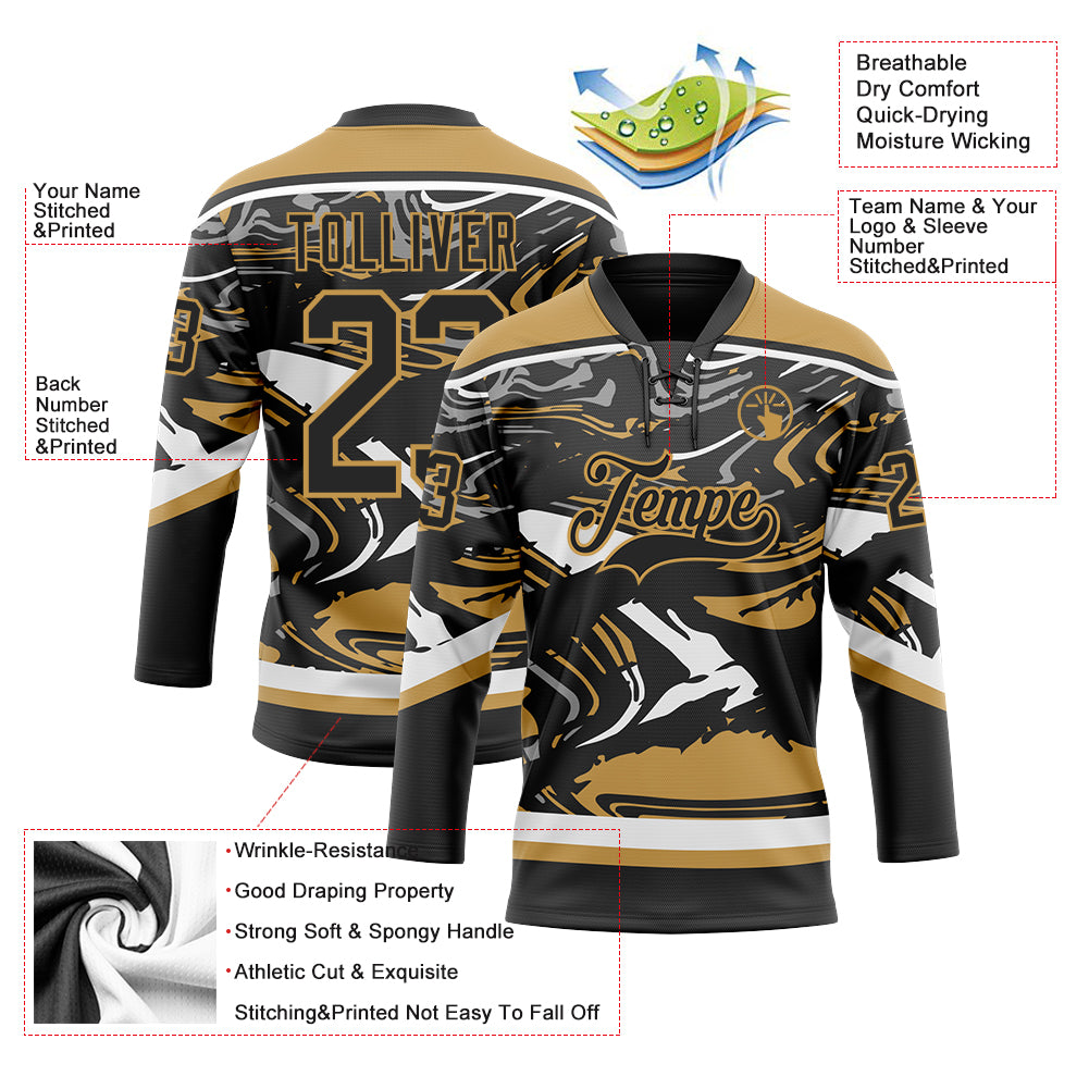 Custom Figure Black Old Gold-White 3D Pattern Fluid Art Hockey Lace Neck Jersey